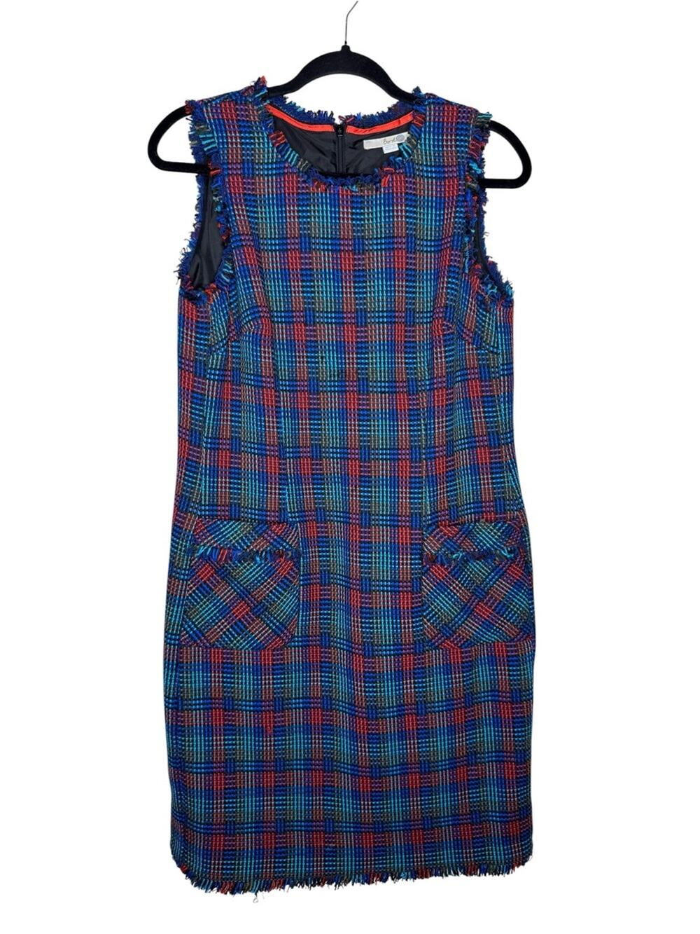 BODEN / red blue boucle tweed plaid fringe shift sleeveless dress / 8 LONG